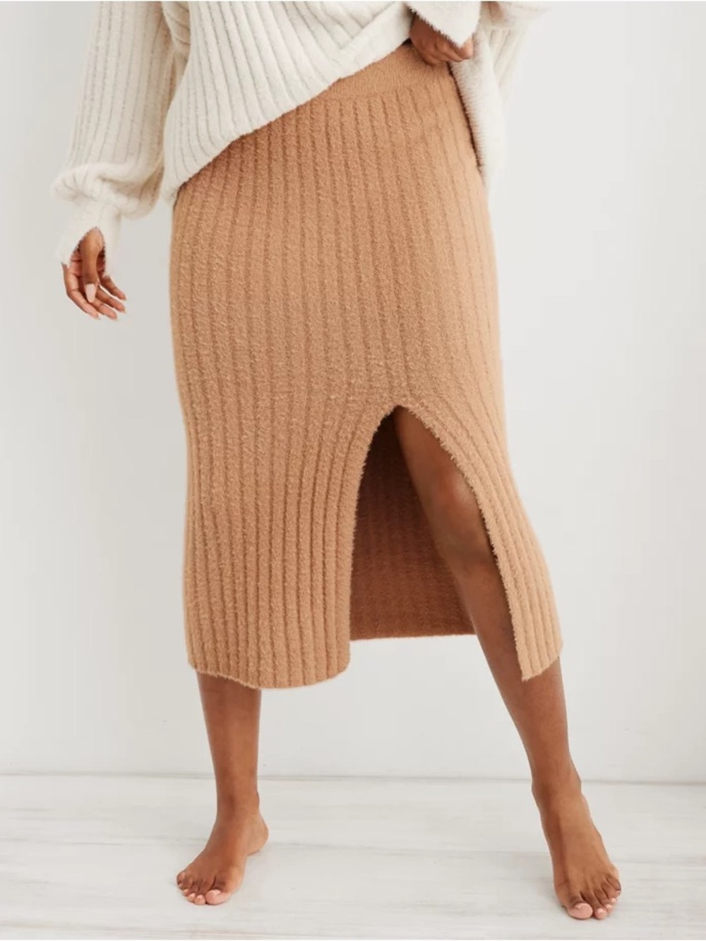 aerie Ribbed Midi Skirt with Front Slit - Camel